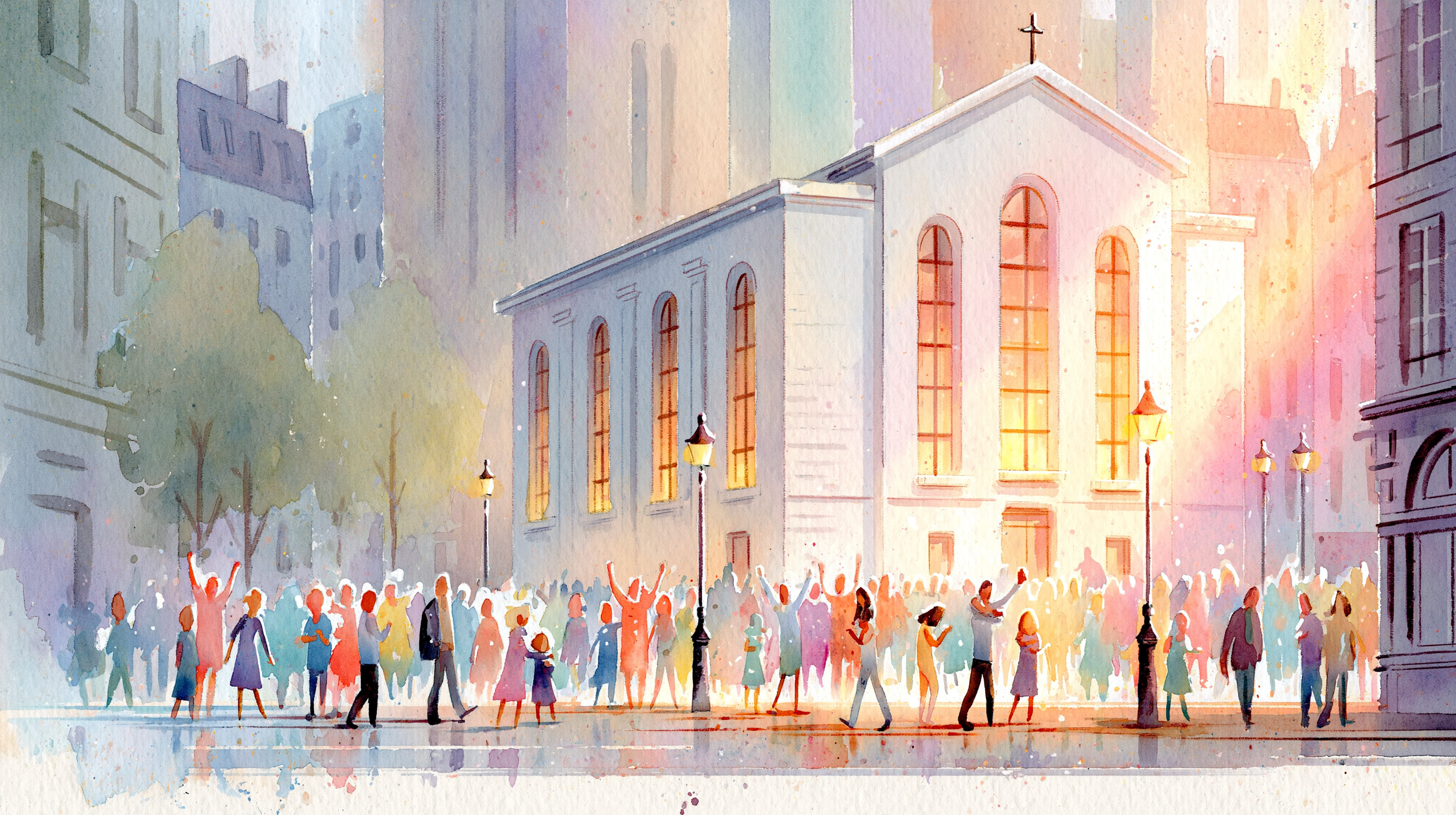 A warm watercolor of neighbors gathering at a church in the evening